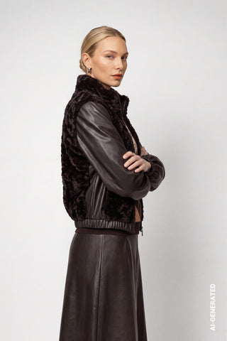 Monari Faux Fur and Leatherette Jacket Dark Brown