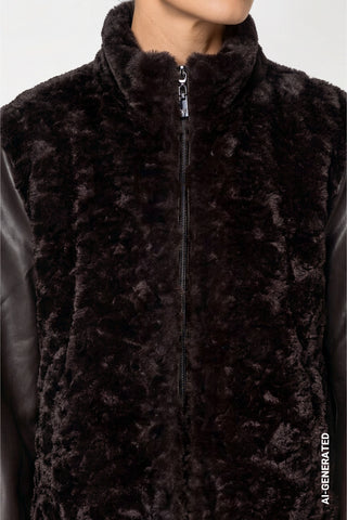 Monari Faux Fur and Leatherette Jacket Dark Brown