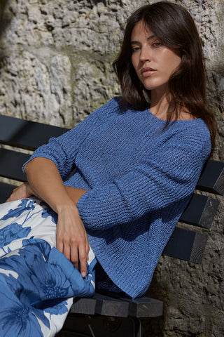 Oui Ribbed Knit Round Neck Jumper Blue