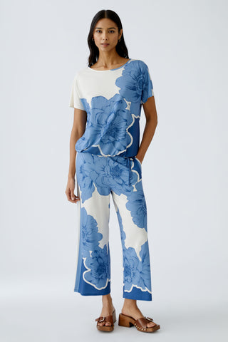Oui Wide Leg Floral Print Trousers Blue White