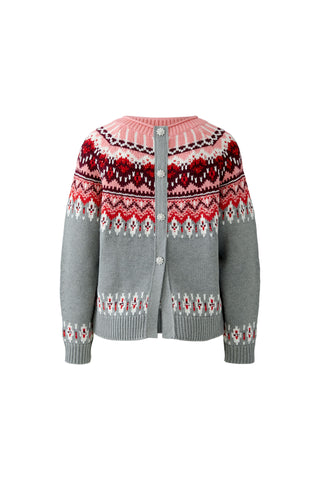 Oui Norwegian Jumper Cardigan Grey Red Pink