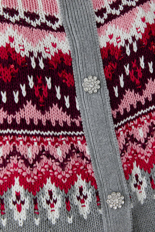 Oui Norwegian Jumper Cardigan Grey Red Pink