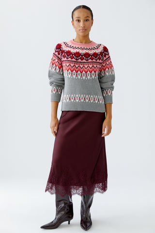 Oui Norwegian Jumper Cardigan Grey Red Pink