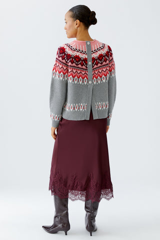 Oui Norwegian Jumper Cardigan Grey Red Pink