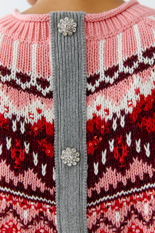 Oui Norwegian Jumper Cardigan Grey Red Pink