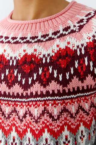 Oui Norwegian Jumper Cardigan Grey Red Pink