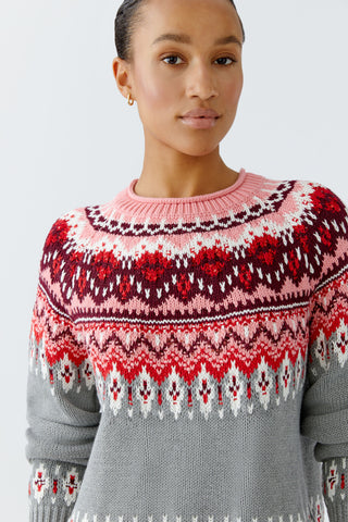 Oui Norwegian Jumper Cardigan Grey Red Pink