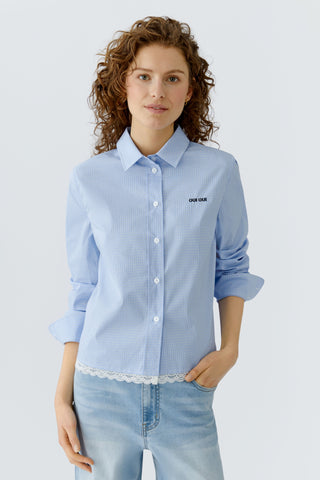 Oui Lace Trim Checked Blouse Blue White