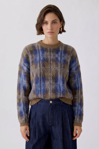 Oui Check Pattern Jumper Brown Blue