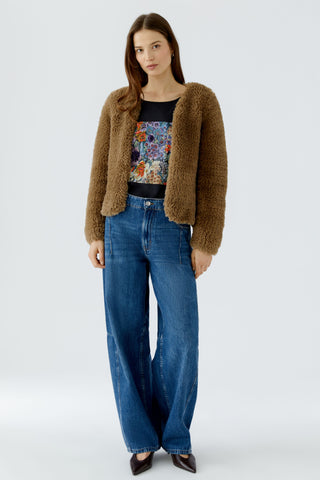 Oui Faux Fur Yarn Knitted Jacket Brown