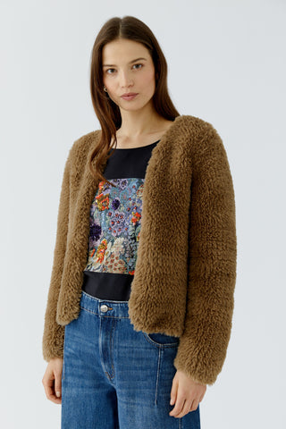 Oui Faux Fur Yarn Knitted Jacket Brown