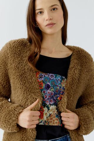 Oui Faux Fur Yarn Knitted Jacket Brown
