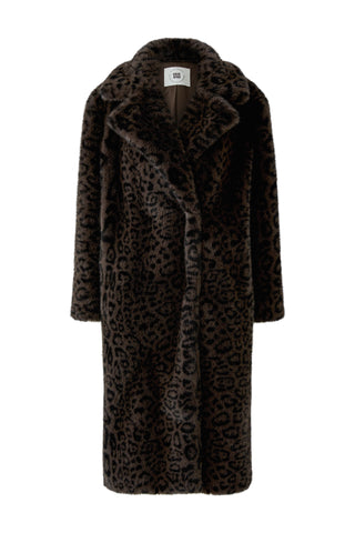 Oui Leopard Print Faux Fur Coat Dark Brown Grey