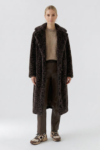 Oui Leopard Print Faux Fur Coat Dark Brown Grey