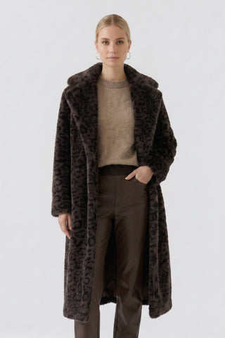 Oui Leopard Print Faux Fur Coat Dark Brown Grey