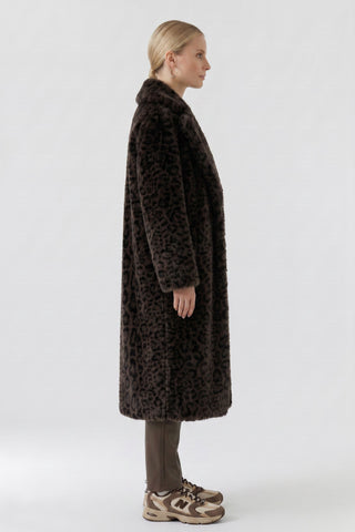 Oui Leopard Print Faux Fur Coat Dark Brown Grey