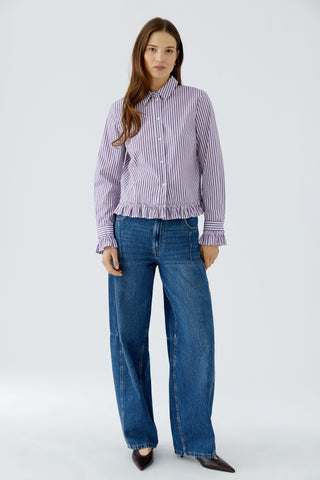 Oui Frill Trim Striped Blouse Violet White