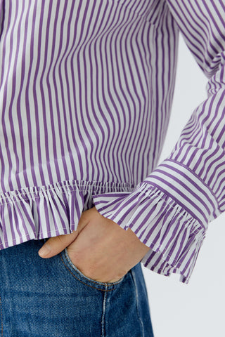 Oui Frill Trim Striped Blouse Violet White