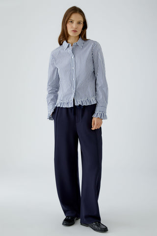 Oui Frill Trim Striped Blouse Blue White