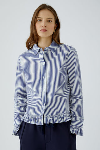 Oui Frill Trim Striped Blouse Blue White