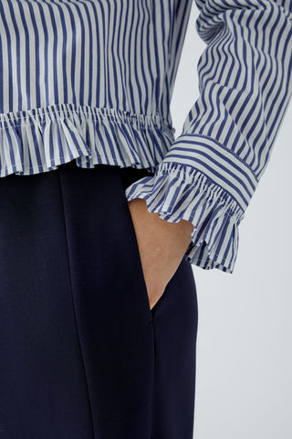 Oui Frill Trim Striped Blouse Blue White