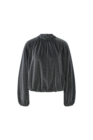 Oui Mock Neck Lurex Blouse Black Silver