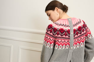 Oui Norwegian Jumper Cardigan Grey Red Pink