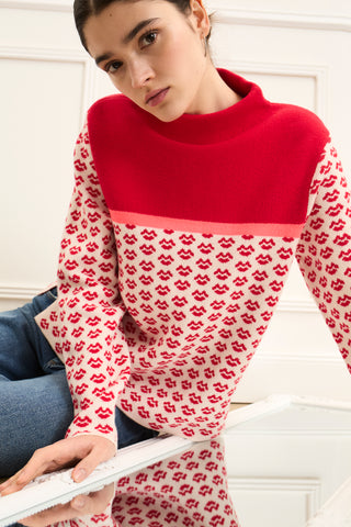 Oui Patterned Mock Neck Jumper Red