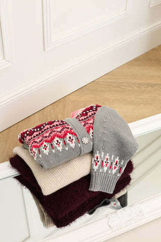 Oui Norwegian Jumper Cardigan Grey Red Pink