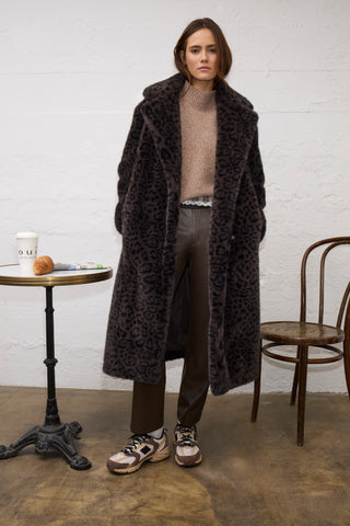 Oui Leopard Print Faux Fur Coat Dark Brown Grey
