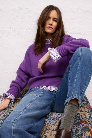 Oui Frill Trim Striped Blouse Violet White