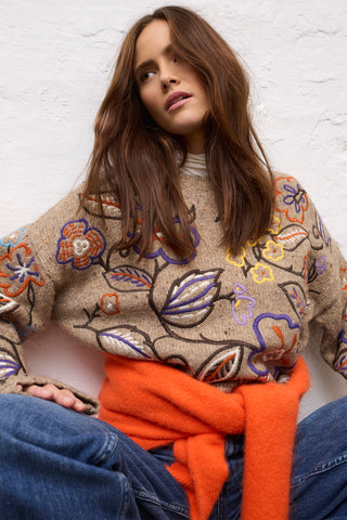 Oui Floral Embroidery Jumper Camel Purple