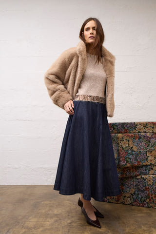 Oui A-Line Midi Denim Skirt Blue