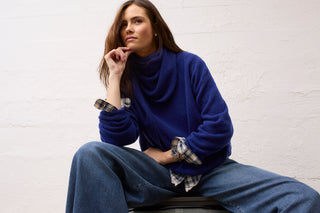 Oui Plaid Lace Trim Blouse Blue White