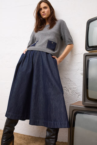 Oui A-Line Midi Denim Skirt Blue