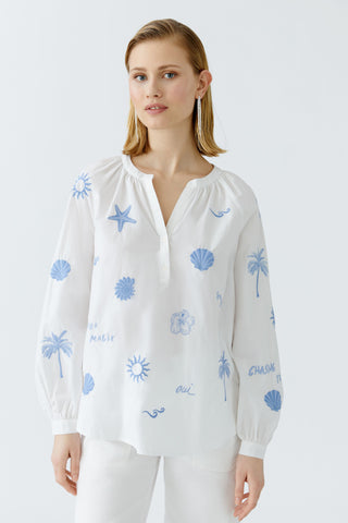 Oui Embroidered Pattern Blouse White Blue