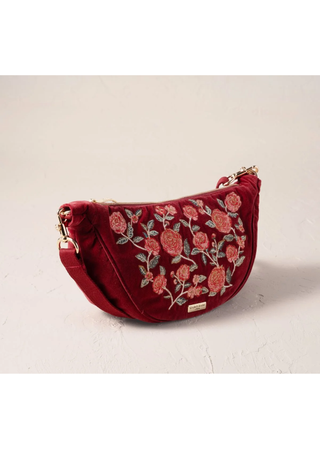 Elizabeth Scarlett Camellia Romance Velvet Crossbody Sling Bag Cranberry