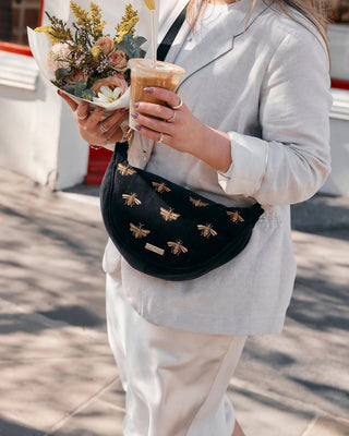 Elizabeth Scarlett Honey Bee Velvet Crossbody Sling Bag Charcoal - MMJs Fashion