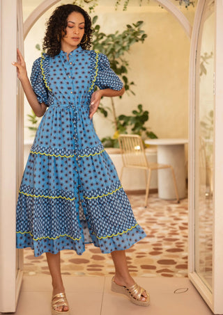 Emily Lovelock Mixed Print Dress Blue Sabrina - MMJs Fashion