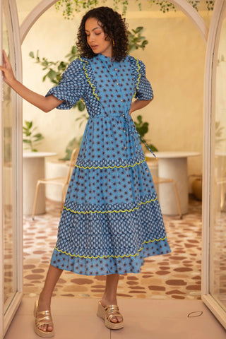 Emily Lovelock Mixed Print Dress Blue Sabrina - MMJs Fashion