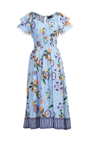 Emily Lovelock Orange Midi Print Dress Blue Valentina - MMJs Fashion