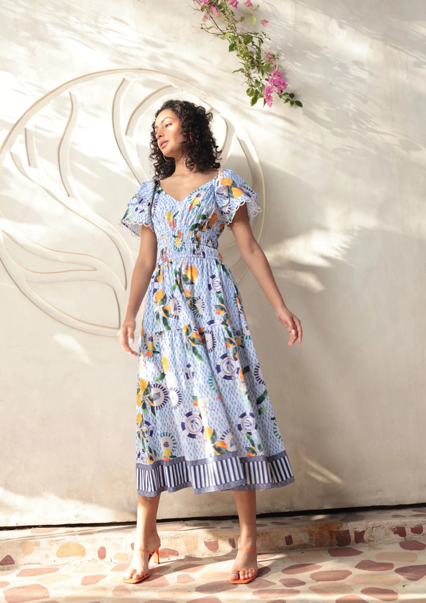 Emily Lovelock Orange Midi Print Dress Blue Valentina – MMJs Fashion