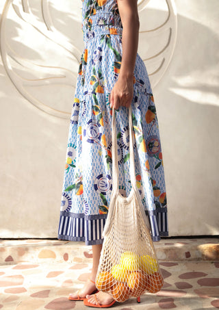 Emily Lovelock Orange Midi Print Dress Blue Valentina - MMJs Fashion