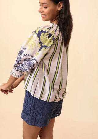 Emily Lovelock Print Blouse White Blue Rhea - MMJs Fashion