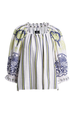 Emily Lovelock Print Blouse White Blue Rhea - MMJs Fashion