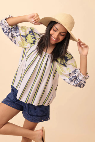 Emily Lovelock Print Blouse White Blue Rhea - MMJs Fashion