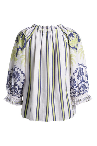 Emily Lovelock Print Blouse White Blue Rhea - MMJs Fashion