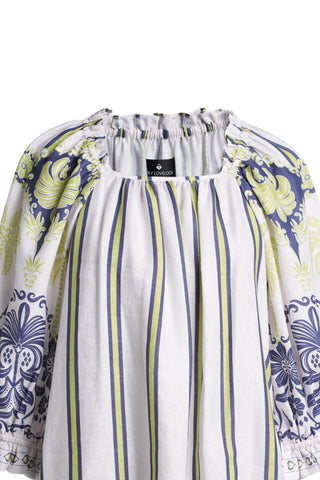 Emily Lovelock Print Blouse White Blue Rhea - MMJs Fashion