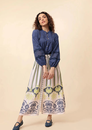 Emily Lovelock Print Midi Skirt White Blue Bernie - MMJs Fashion