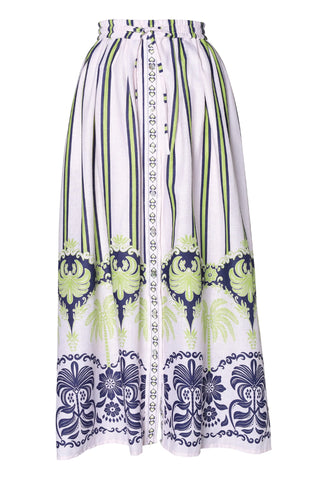 Emily Lovelock Print Midi Skirt White Blue Bernie - MMJs Fashion